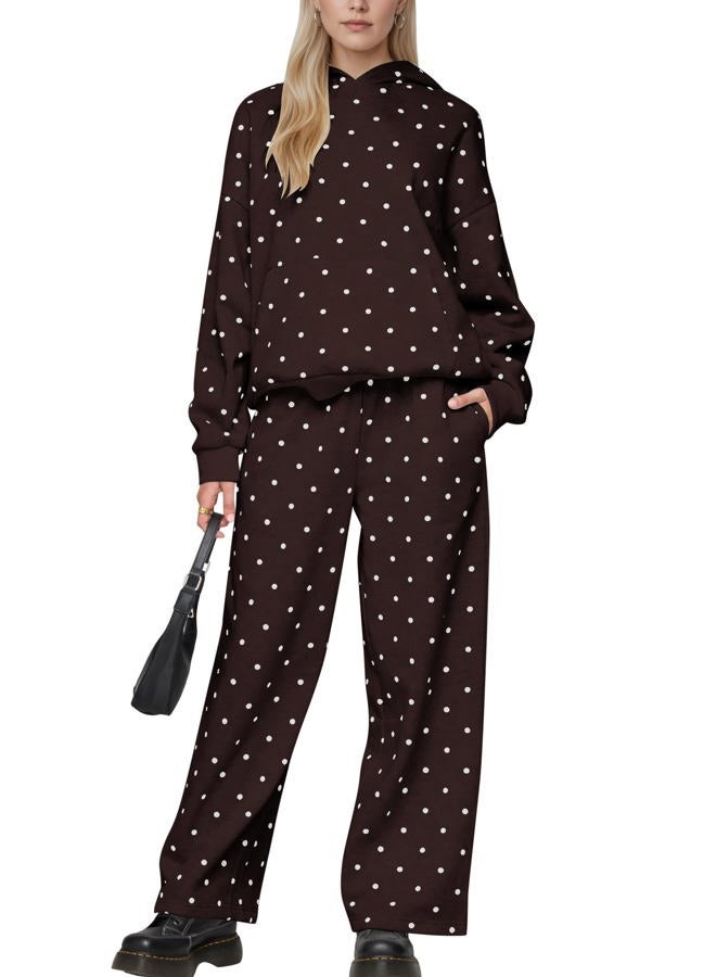 HOCANDY Polka Dot Hoodie and Sweatpants Set for Women, Brown, S - Image 1