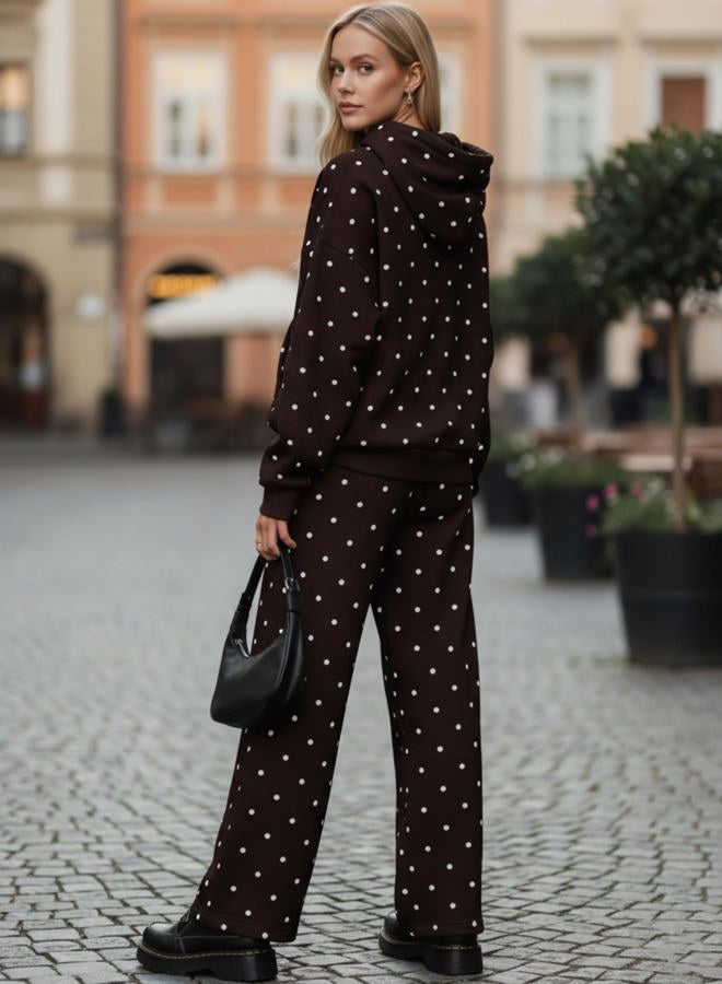 HOCANDY Polka Dot Hoodie and Sweatpants Set for Women, Brown, S - Image 3