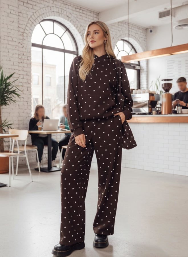 HOCANDY Polka Dot Hoodie and Sweatpants Set for Women, Brown, S - Image 2