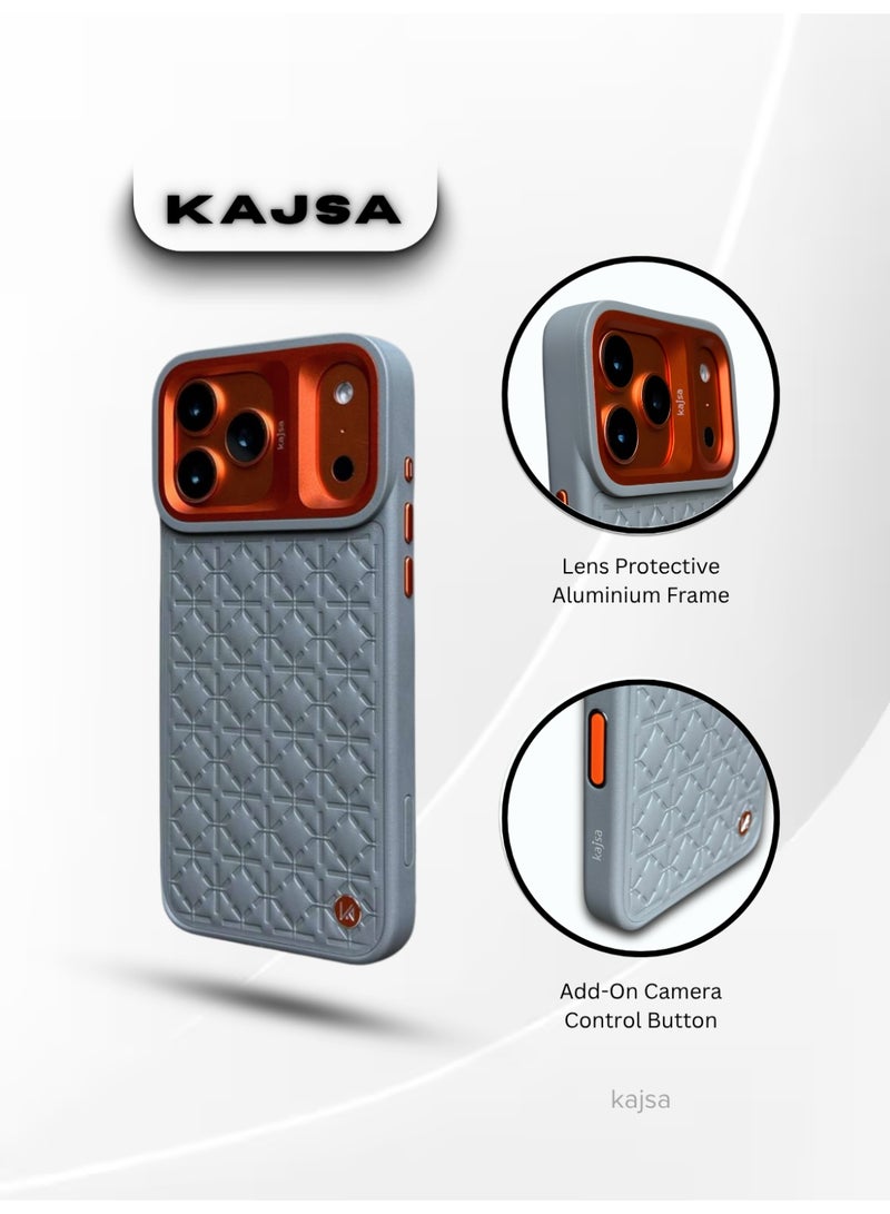 كاجسا جراب Kajsa LuxeQuilt MagSafe لهاتف iPhone 17 Pro Max - جراب جلدي مقاوم للصدمات مع إطار عدسة من الألومنيوم، وزر تحكم بالكاميرا، وخطاف حبل قابل للتبديل (حائز على جائزة Red Dot للتصميم لعام 2026) - رمادي مع برتقالي - Image 2