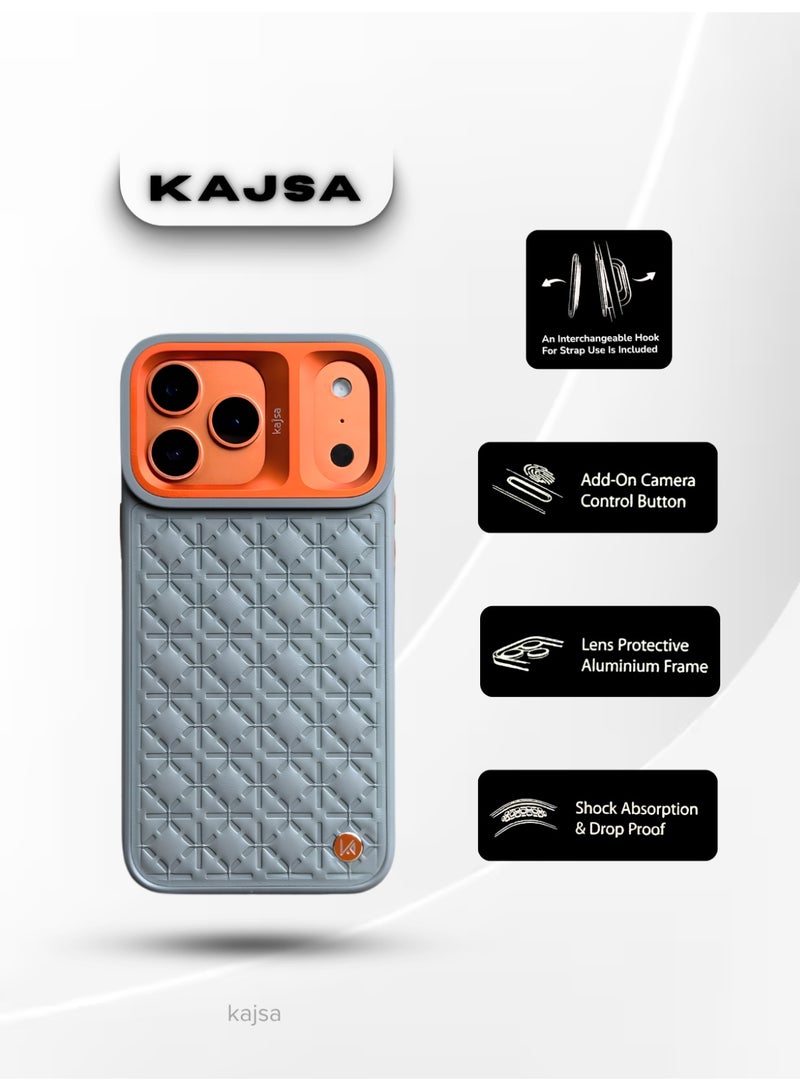كاجسا جراب Kajsa LuxeQuilt MagSafe لهاتف iPhone 17 Pro Max - جراب جلدي مقاوم للصدمات مع إطار عدسة من الألومنيوم، وزر تحكم بالكاميرا، وخطاف حبل قابل للتبديل (حائز على جائزة Red Dot للتصميم لعام 2026) - رمادي مع برتقالي - Image 1