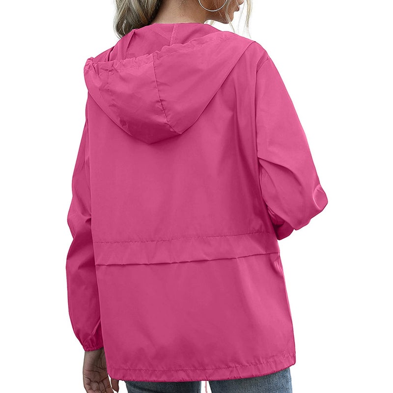 PESION Women's Waterproof Raincoat Lightweight Rain Jacket Hooded Windbreaker Pink L - Image 3