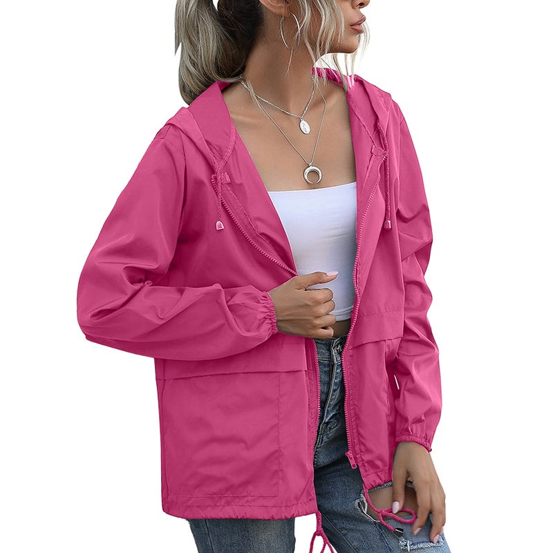 PESION Women's Waterproof Raincoat Lightweight Rain Jacket Hooded Windbreaker Pink L - Image 1