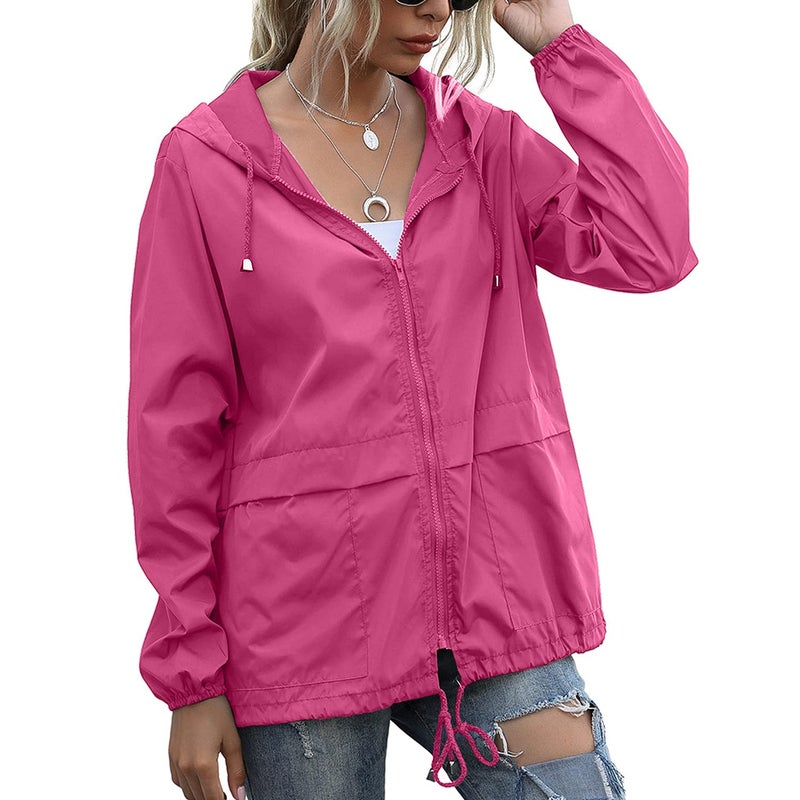 PESION Women's Waterproof Raincoat Lightweight Rain Jacket Hooded Windbreaker Pink L - Image 2