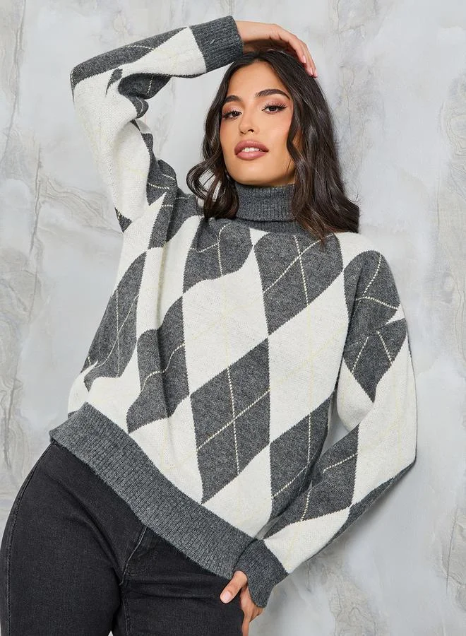 Styli Oversized Argyle Pattern Turtle Neck Sweater