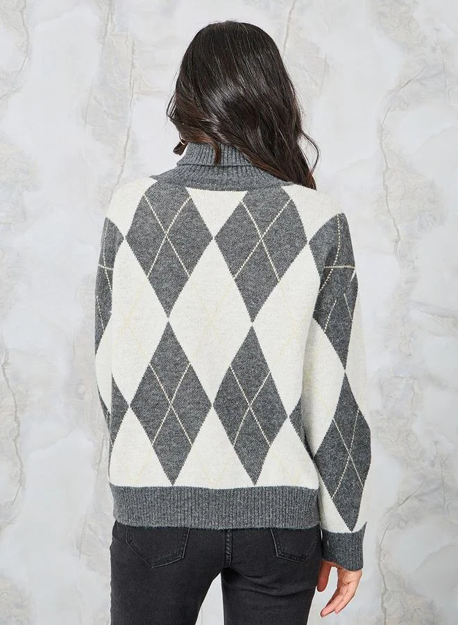 Styli Oversized Argyle Pattern Turtle Neck Sweater