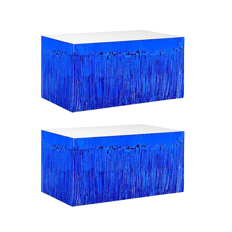 LabZhang 2 Pack 29.5x168 Inch Metallic Foil Fringe Tinsel Table Skirts Disposable Table Skirt for Parade Floats  Mardi Gras Party  Wedding  Birthday Party(Blue) - Image 1
