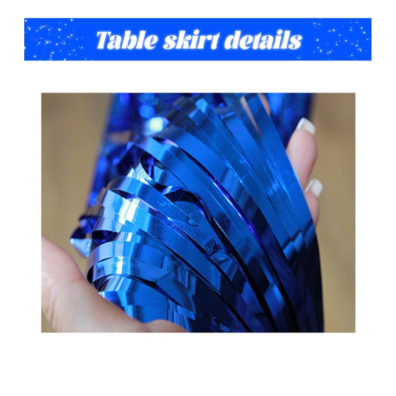 LabZhang 2 Pack 29.5x168 Inch Metallic Foil Fringe Tinsel Table Skirts Disposable Table Skirt for Parade Floats  Mardi Gras Party  Wedding  Birthday Party(Blue) - Image 3