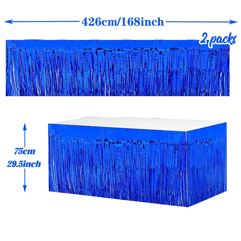 LabZhang 2 Pack 29.5x168 Inch Metallic Foil Fringe Tinsel Table Skirts Disposable Table Skirt for Parade Floats  Mardi Gras Party  Wedding  Birthday Party(Blue) - Image 2