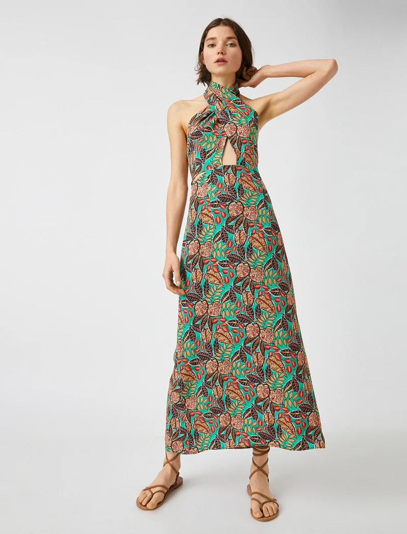 KOTON Halterneck Maxi Dress Leaf Pattern Cut Out Detailed