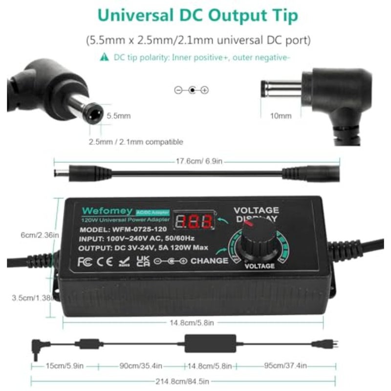 Universal Power Supply 3V~24V 5A 120W Adjustable Variable AC/DC Adapter Charger, 100V-240V AC to DC Converter with LED Voltage Display and 14 Tips and Polarity Converter - Image 4