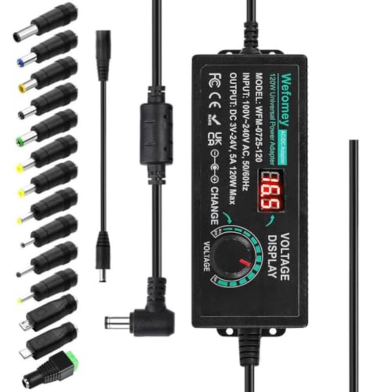 Universal Power Supply 3V~24V 5A 120W Adjustable Variable AC/DC Adapter Charger, 100V-240V AC to DC Converter with LED Voltage Display and 14 Tips and Polarity Converter - Image 1