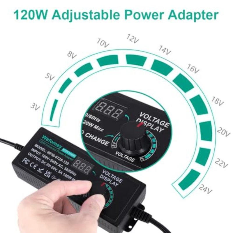 Universal Power Supply 3V~24V 5A 120W Adjustable Variable AC/DC Adapter Charger, 100V-240V AC to DC Converter with LED Voltage Display and 14 Tips and Polarity Converter - Image 2