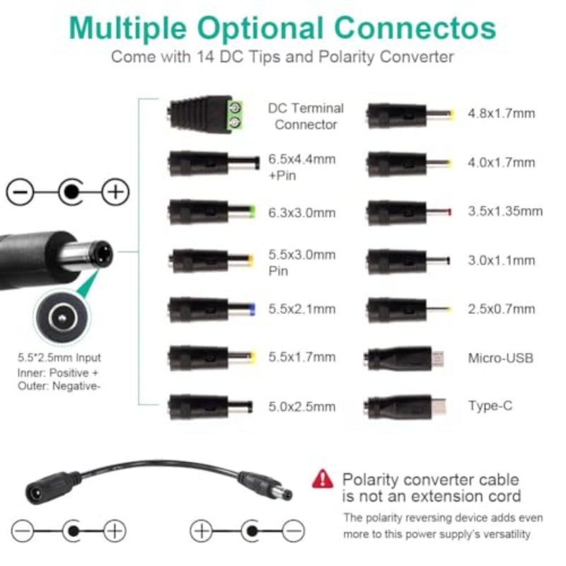 Universal Power Supply 3V~24V 5A 120W Adjustable Variable AC/DC Adapter Charger, 100V-240V AC to DC Converter with LED Voltage Display and 14 Tips and Polarity Converter - Image 3