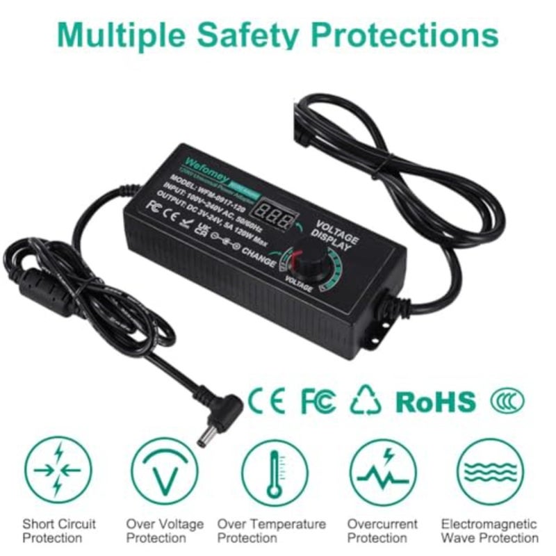 Universal Power Supply 3V~24V 5A 120W Adjustable Variable AC/DC Adapter Charger, 100V-240V AC to DC Converter with LED Voltage Display and 14 Tips and Polarity Converter - Image 5