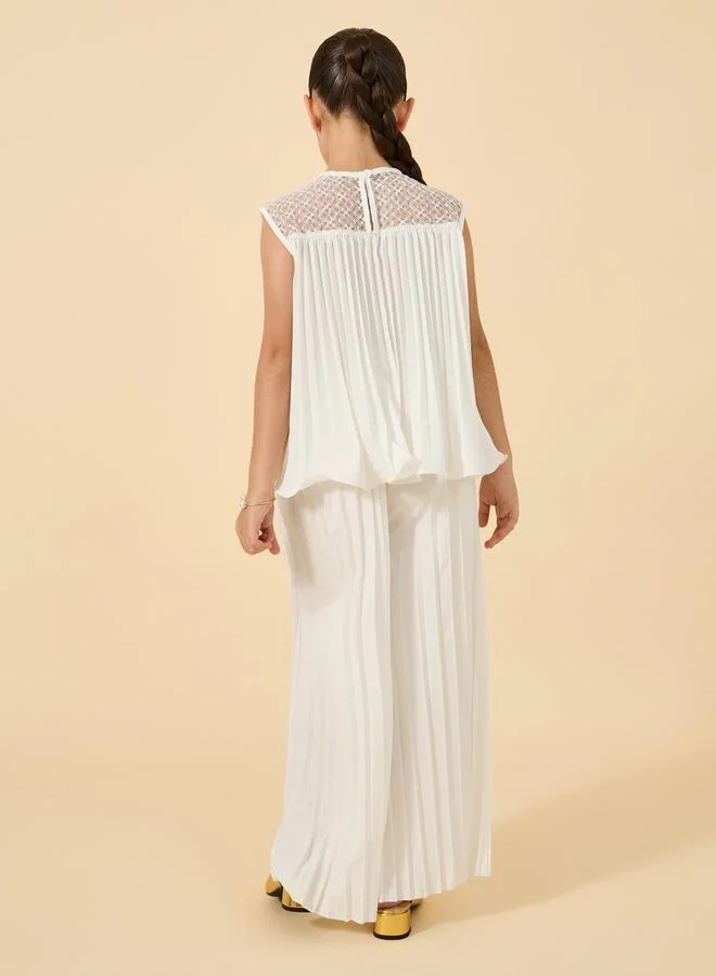 Styli Sleeveless Ruffled Top with Wide Leg Trousers Set