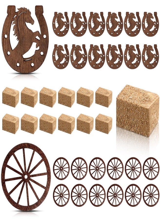 Junkin 36 Pieces Western Party Decorations Supplies 12 Mini Horseshoes 12 Wagon Wheels Crafts 12 Mini Hay Bales for Vintage Country Derby Good Luck Horseshoe Western Theme Party Favors - Image 1