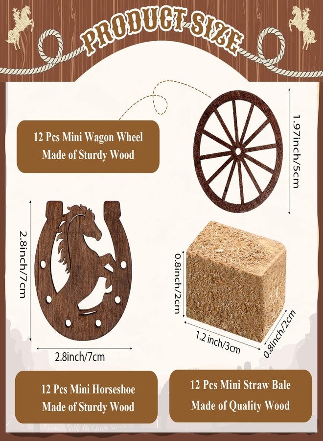 Junkin 36 Pieces Western Party Decorations Supplies 12 Mini Horseshoes 12 Wagon Wheels Crafts 12 Mini Hay Bales for Vintage Country Derby Good Luck Horseshoe Western Theme Party Favors - Image 2