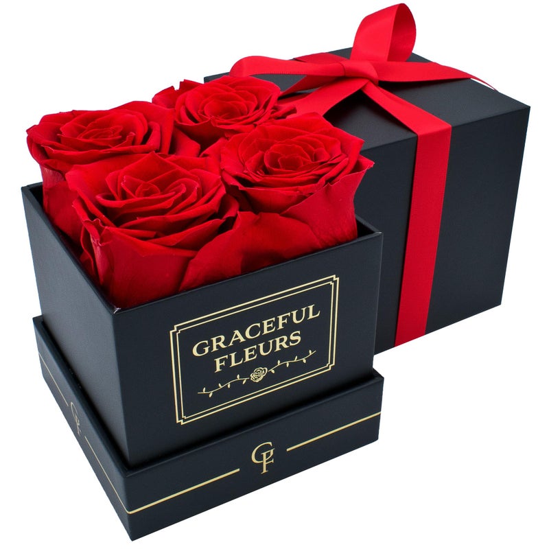 Chloe's Graceful Fleurs Graceful Fleurs  Real Long Lasting Roses for Years  Preserved Fresh Flowers for Delivery Birthday  Birthday Gifts for Women  Forever Roses in a Box Red Black Box 4 Roses 