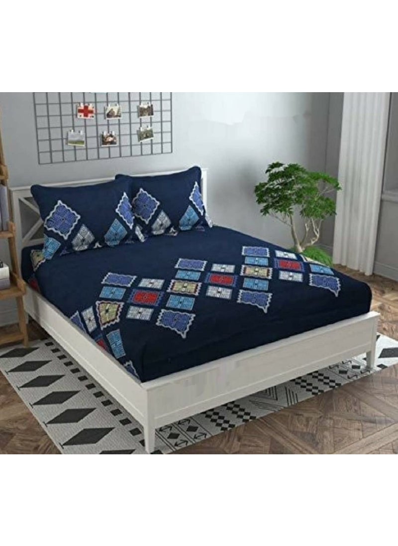 Generic Shree JEE Home Decor Supersoft Cotton Elastic Fitted bedsheet Queen Size 108 108 with 2 Pillow Covers 210 tc Blue Geometrical Fitted  - Image 1