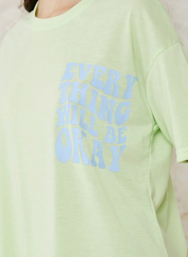 Styli Drop Shoulder Slogan Print T-Shirt & Cuff Pyjama Set