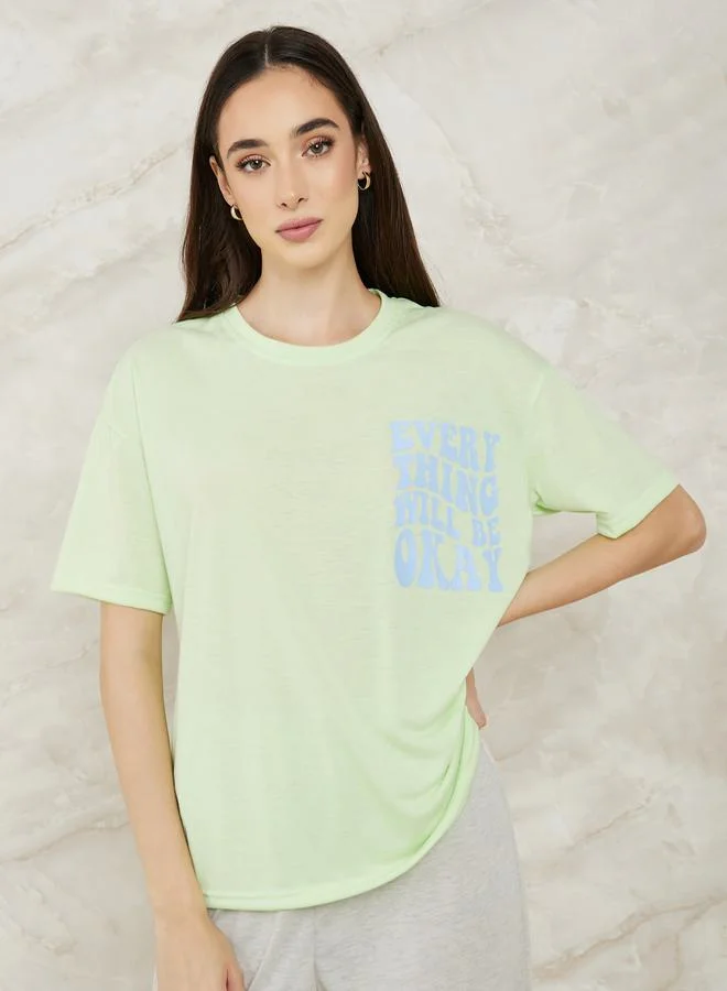 Styli Drop Shoulder Slogan Print T-Shirt & Cuff Pyjama Set