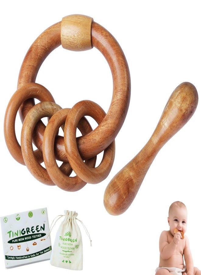 TINIGREEN One Rattle One Dumbbell Shaped Organic Neem Wood Teether Combo for Baby (Pack of 2) - Image 1