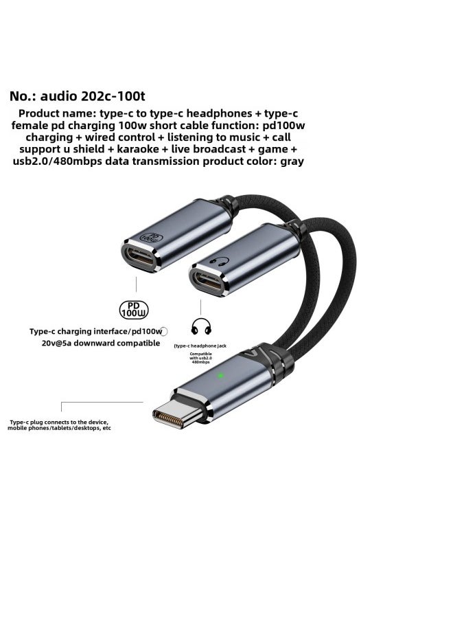 Generic Applicable To For Iphone16Type-C One-Two Lightning Headset Converter PD100W Fast Charge HIFI Sound Quality-Interface Form:Type-c One-to-two C Port Fast Charging + C-port Headphones Gray  - Image 1