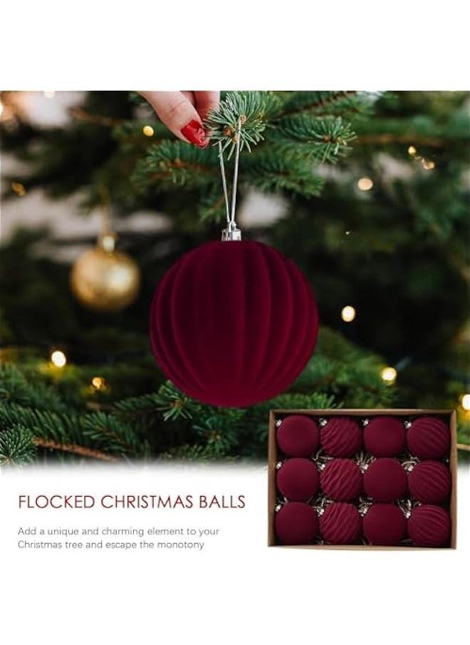 Velvet Balls Tree Decorations, 12 Bulk Flocked Tree Ball Ornaments, Hanging Ornaments Tree Decoration for Holiday Wedding
