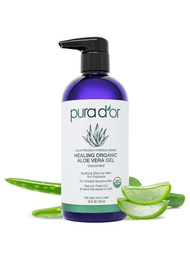 Pura d'or 16 Oz Organic Aloe Vera Gel Unscented All Natural Zero Artificial Preservatives Deeply Hydrating & Moisturizing Sunburn, Bug Bites, Rashes, Small Cuts, Eczema Relief Skin & Hair - Image 1