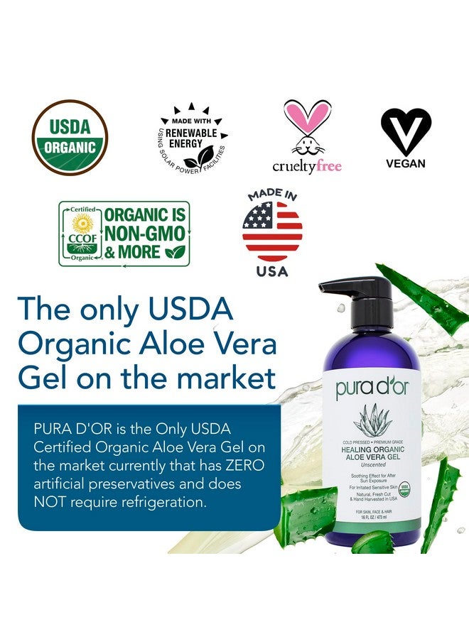 Pura d'or 16 Oz Organic Aloe Vera Gel Unscented All Natural Zero Artificial Preservatives Deeply Hydrating & Moisturizing Sunburn, Bug Bites, Rashes, Small Cuts, Eczema Relief Skin & Hair - Image 2