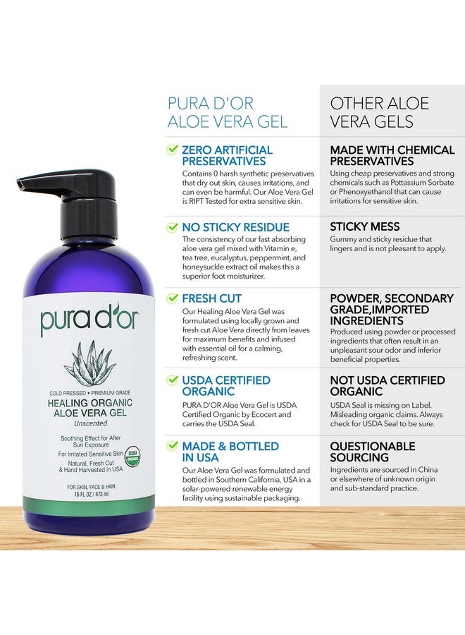 Pura d'or 16 Oz Organic Aloe Vera Gel Unscented All Natural Zero Artificial Preservatives Deeply Hydrating & Moisturizing Sunburn, Bug Bites, Rashes, Small Cuts, Eczema Relief Skin & Hair - Image 3