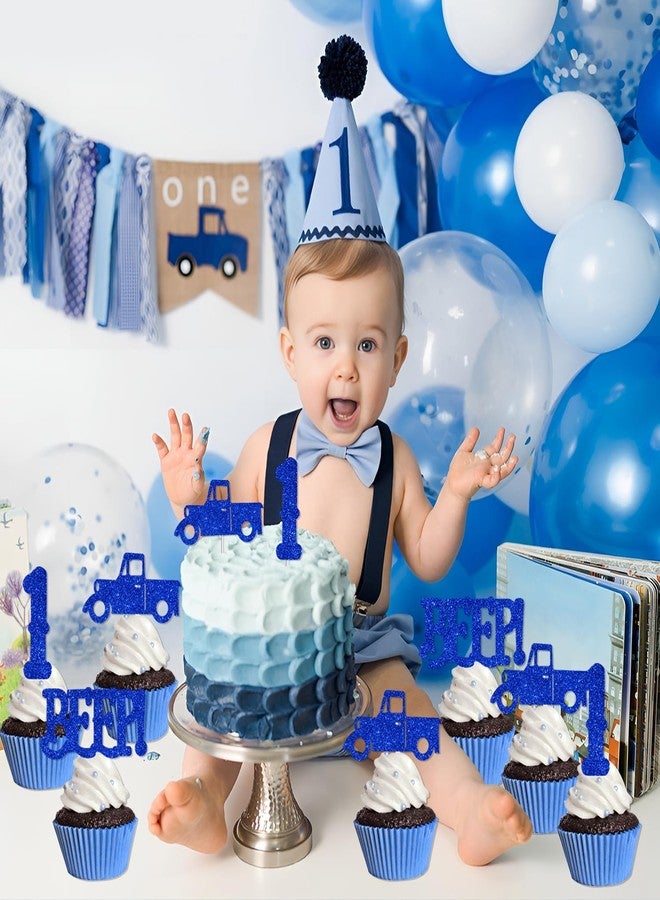 Merrystorm 24 قطعة من زينة كب كيك عيد الميلاد الأول على شكل شاحنة زرقاء، زينة كعكة على شكل شاحنة زرقاء للأولاد والبنات، ديكور حفلة عيد الميلاد الأول بطابع المزرعة، ديكور كعكة لامع، لوازم حفلات بطابع السيارة - Image 3