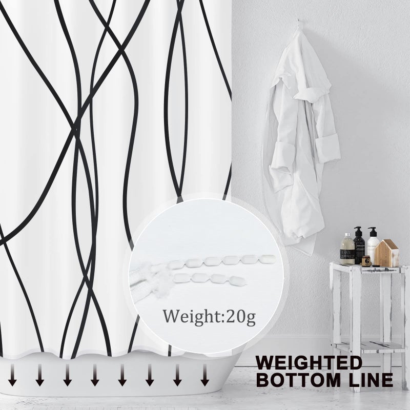 Punkray Black and White Striped Wavy Line Polyester Shower Curtain for Bathroom with Hooks, Weighted Hem, Waterproof Bath Accessories Hotel Style, 72 x 72 - Image 2