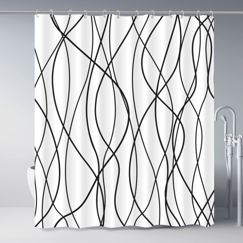 Punkray Black and White Striped Wavy Line Polyester Shower Curtain for Bathroom with Hooks, Weighted Hem, Waterproof Bath Accessories Hotel Style, 72 x 72 - Image 1