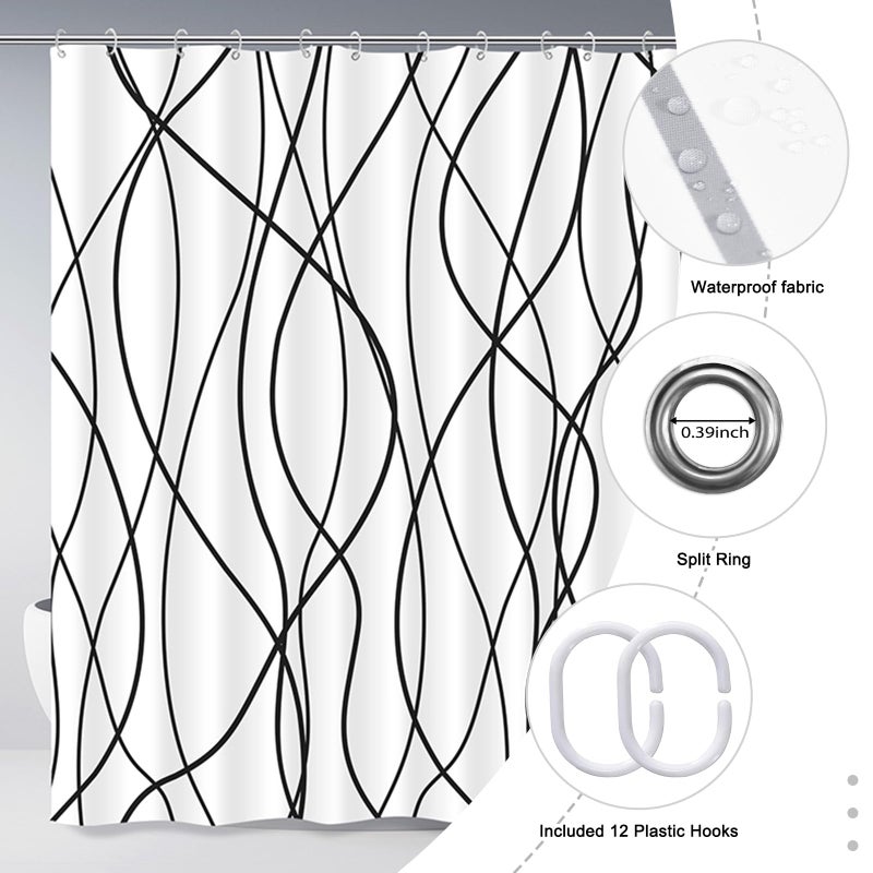 Punkray Black and White Striped Wavy Line Polyester Shower Curtain for Bathroom with Hooks, Weighted Hem, Waterproof Bath Accessories Hotel Style, 72 x 72 - Image 3