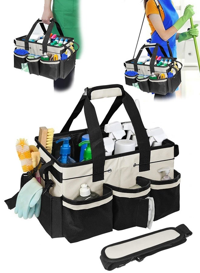 YIM-VIBEHAUS Large Tools Bag, Cleaning Storage Bag with Adjustable Shoulder Straps and Waist Belt, Wearable Cleaning Caddy Supplies Tote Bag, Cleaning Tool Organizers Bag with Foldable and Detachable Divider for Home, Housekeepers and Garden (Black and White) - Image 1