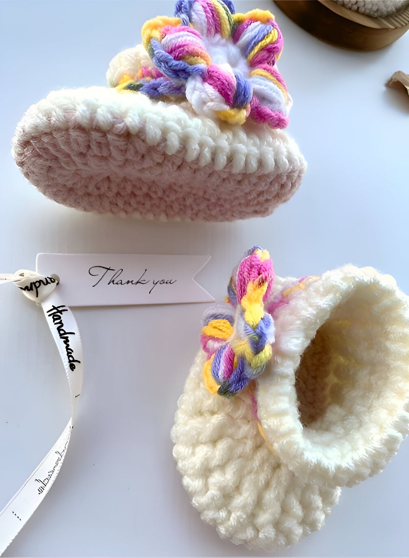 Braidise Creations Off White Braided Baby Booties With multicolour Puff Flower, 4 inch sole for new born, 2 to 6 months baby feet  - Image 5