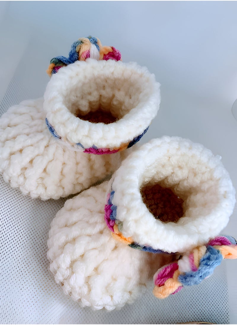 Braidise Creations Off White Braided Baby Booties With multicolour Puff Flower, 4 inch sole for new born, 2 to 6 months baby feet  - Image 1