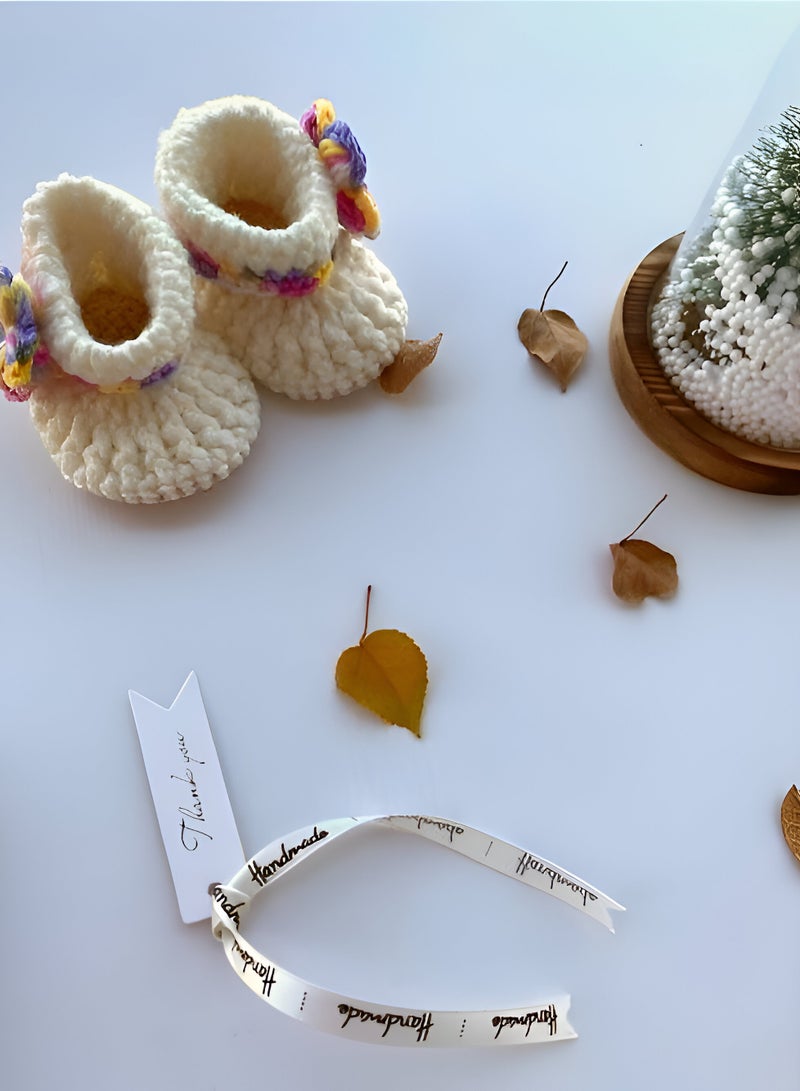 Braidise Creations Off White Braided Baby Booties With multicolour Puff Flower, 4 inch sole for new born, 2 to 6 months baby feet  - Image 4