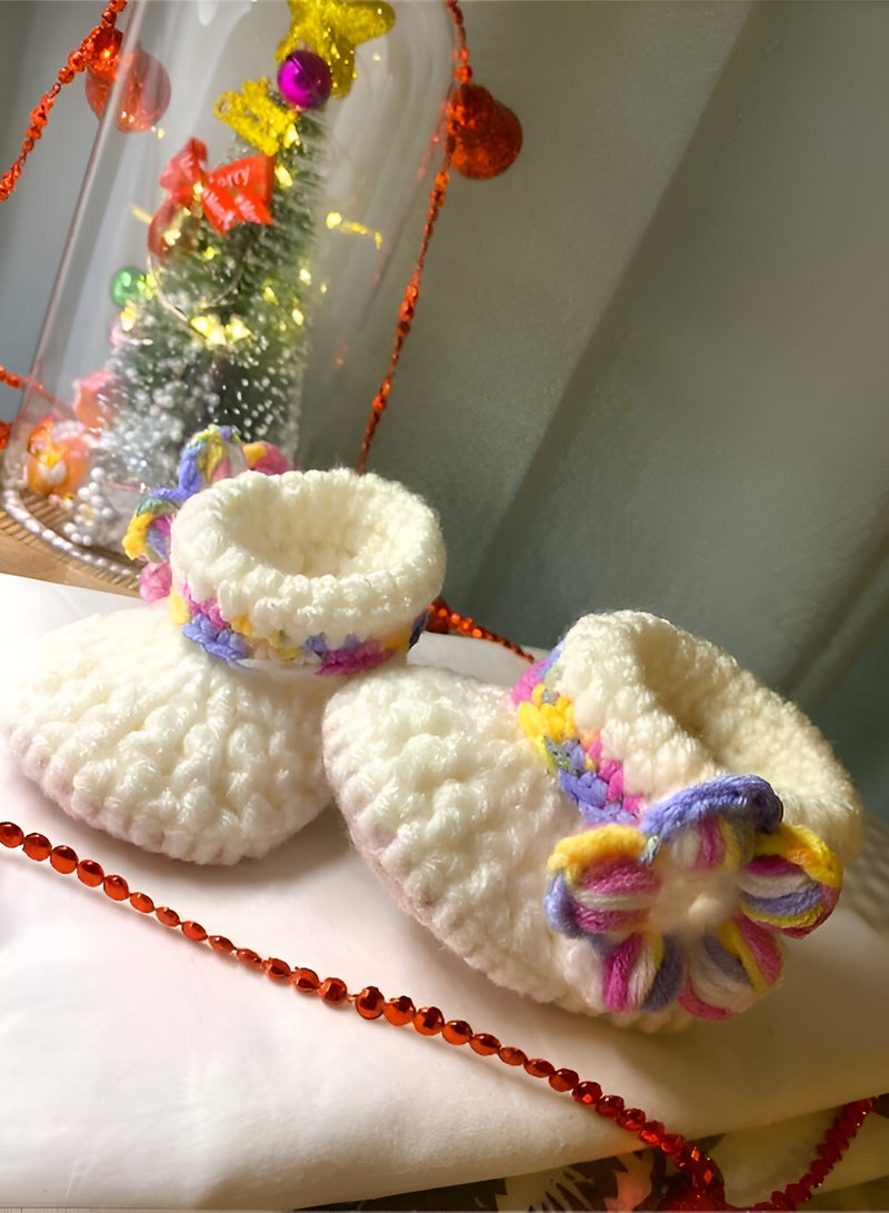 Braidise Creations Off White Braided Baby Booties With multicolour Puff Flower, 4 inch sole for new born, 2 to 6 months baby feet  - Image 3