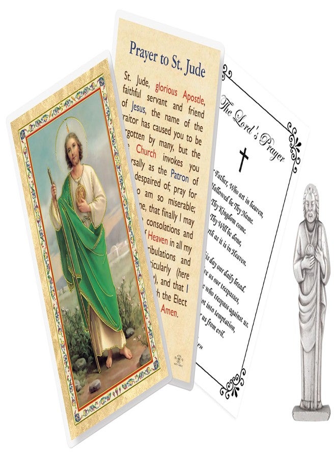 Trendzeen Small St Jude Statue - Laminated St Jude Prayer Card, The Lord's Prayer Card - Mini 3 Inch Pocket Sized San Judas Statue - San Judas Tadeo Estatua, Patron Saint of Hope and Impossible Causes, 3 Items - Image 1