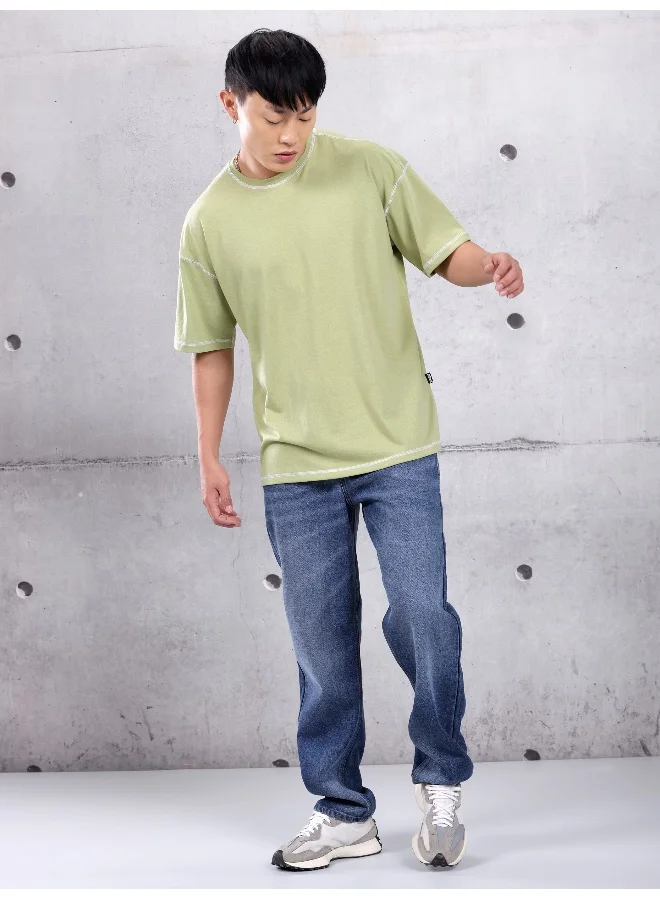 Beyoung Pale Green Contrast Stitch Oversized T-shirt for Men