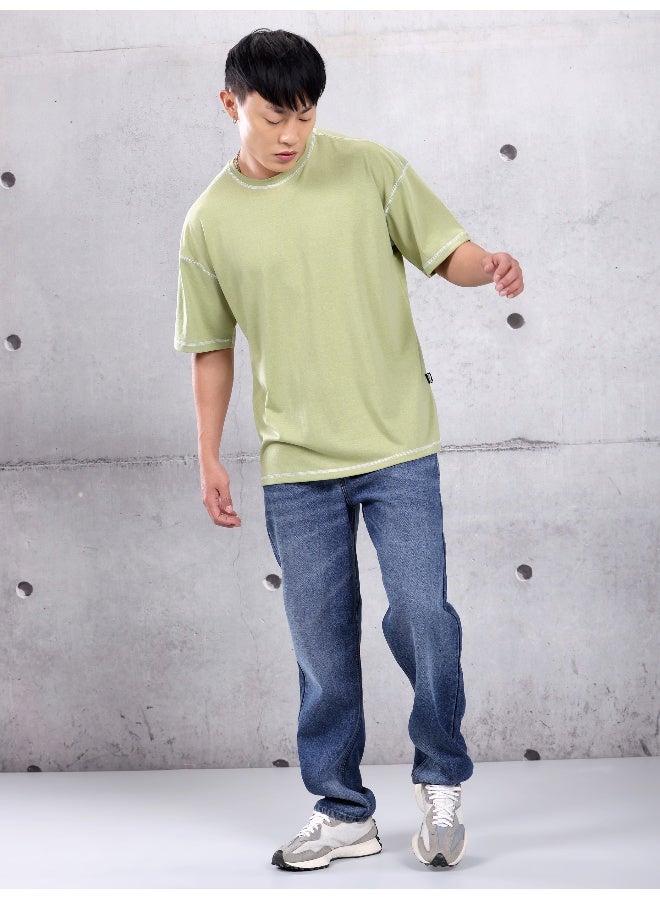 Beyoung Pale Green Contrast Stitch Oversized T-shirt for Men  - Image 5