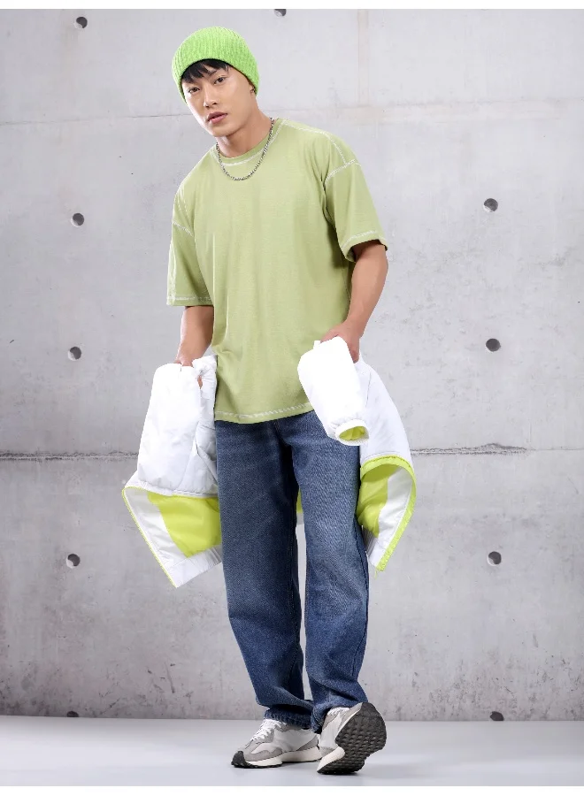 Beyoung Pale Green Contrast Stitch Oversized T-shirt for Men