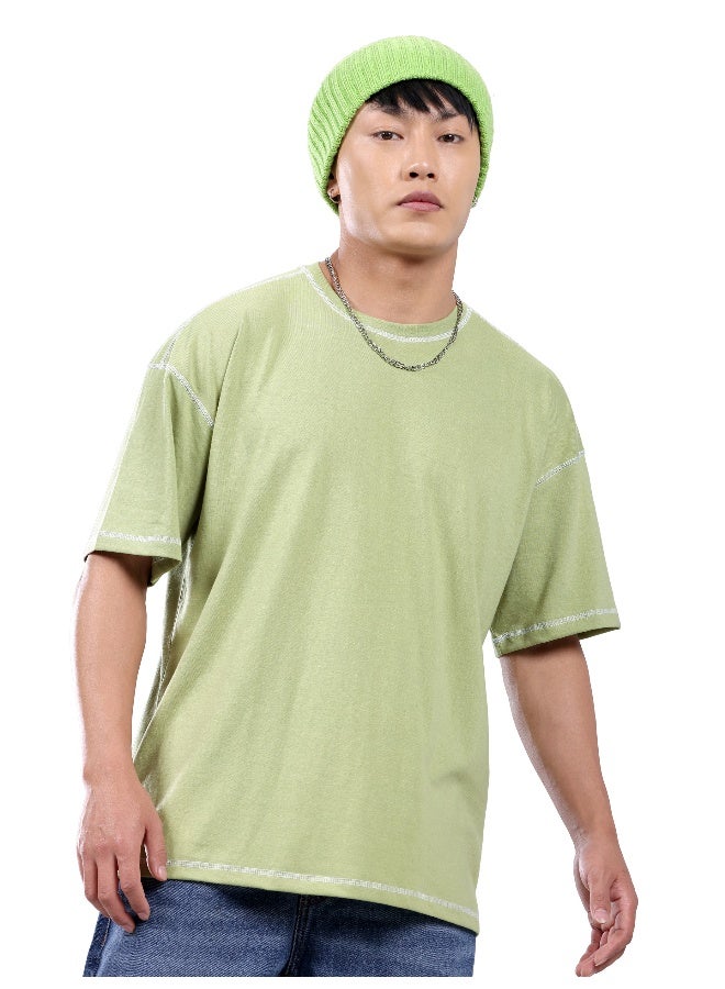 Beyoung Pale Green Contrast Stitch Oversized T-shirt for Men  - Image 3