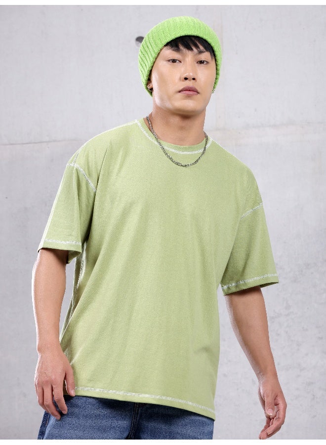 Beyoung Pale Green Contrast Stitch Oversized T-shirt for Men  - Image 1