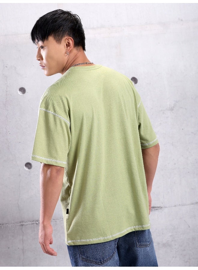 Beyoung Pale Green Contrast Stitch Oversized T-shirt for Men  - Image 2