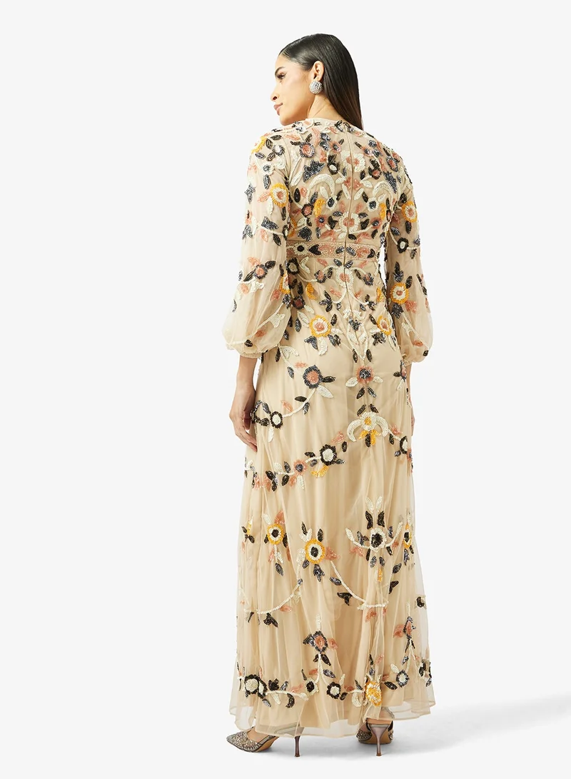 Frock And Frill  Embroidered Detailed Long Sleeve Maxi Dress for Women | Best Price UAE