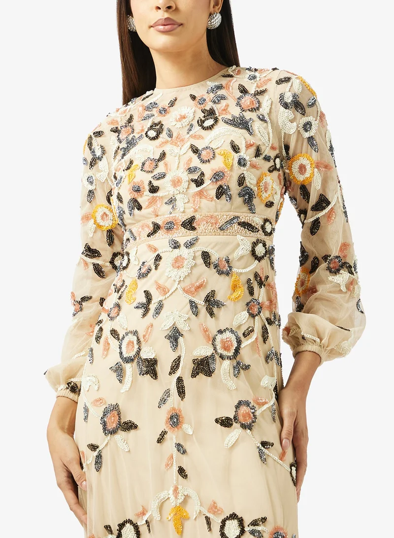 Frock And Frill  Embroidered Detailed Long Sleeve Maxi Dress for Women | Best Price UAE